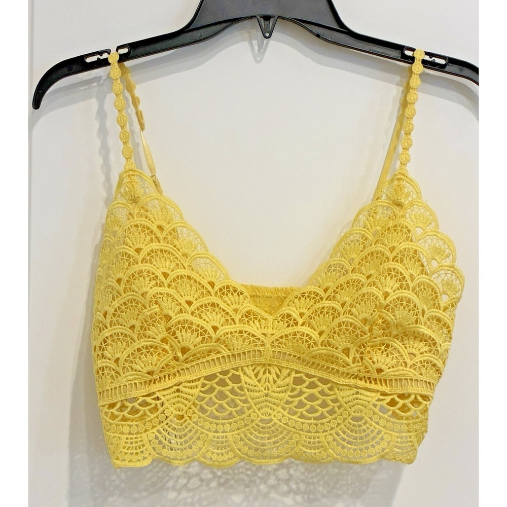 Free People Intimate Sunrise to Sunset Bralette Crochet Lace Crop Top M Yellow